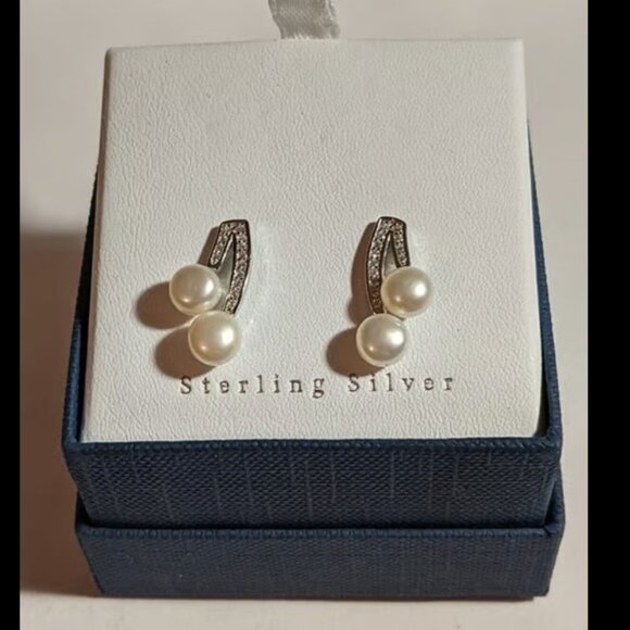 Sterling Silver FWC Pearl & Cubic Zirconia Double Drop Earrings - MSRP: $125 - Picture 1 of 7